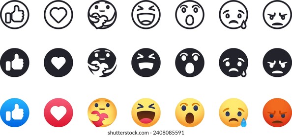 Reaction face emoji vector set, like, love, care, haha, wow, sad, angry,