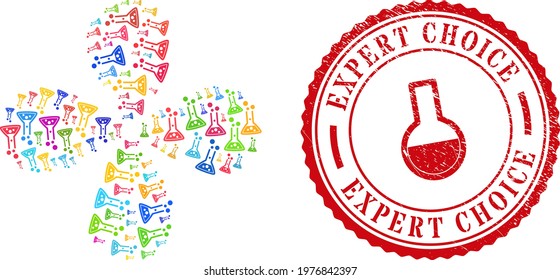 Reaction flask colorful exploding flower cluster, and red round EXPERT CHOICE scratched stamp. Reaction flask symbol inside round stamp print.