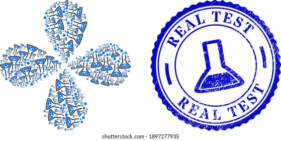 Reaction flask swirl flower cluster, and blue round REAL TEST textured watermark with icon inside. Object flower with 4 petals designed from oriented reaction flask symbols.