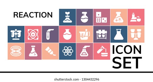 reaction icon set. 19 filled reaction icons.  Collection Of - Flask, Test tube, Magnetic field, Tube, Chemistry, Molecules, Beaker, Test tubes, Domino