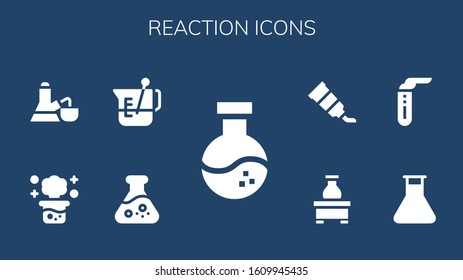 reaction icon set. 9 filled reaction icons.  Simple modern icons such as: Flask, Beaker, Chemical reaction, Test tube, Tube