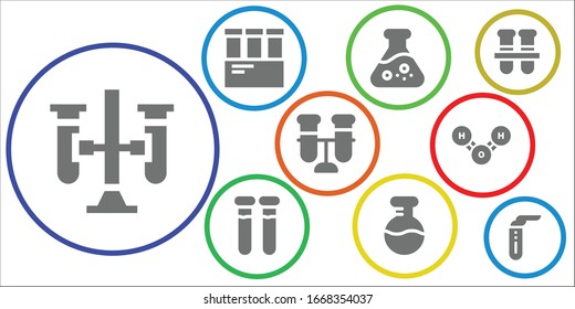 reaction icon set. 9 filled reaction icons. Included Test tubes, Test tube, Flask, Molecule icons
