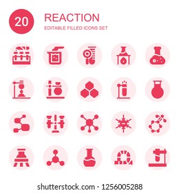 reaction icon set. Collection of 20 filled reaction icons included Test tube, Beaker, Flask, Benzene, Molecule, Negative ion, Bacterias, Tube