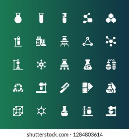 reaction icon set. Collection of 25 filled reaction icons included Flask, Molecules, Domino, Test tube, Tube, Positive ion, Molecule, Benzene