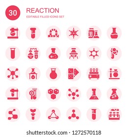 reaction icon set. Collection of 30 filled reaction icons included Flask, Test tube, Tube, Negative ion, Molecules, Molecule, Domino, Bacterias