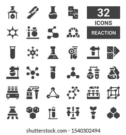 reaction icon set. Collection of 32 filled reaction icons included Benzene, Test tube, Molecule, Flask, Molecules, Tube, Bacterias, Domino, Positive ion