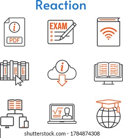 reaction icon set. included exam, audiobook, professor, pdf, e-book, school, book, information icons. bicolor styles.