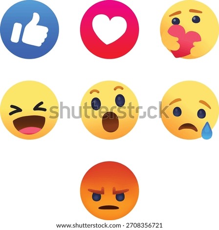 “Emoji reaction icon set with like, love, wow, sad, angry and laugh faces for social media interactions and digital messaging platforms”