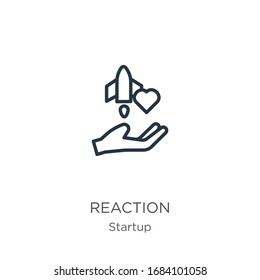 Reaction icon. Thin linear reaction outline icon isolated on white background from startup collection. Line vector sign, symbol for web and mobile