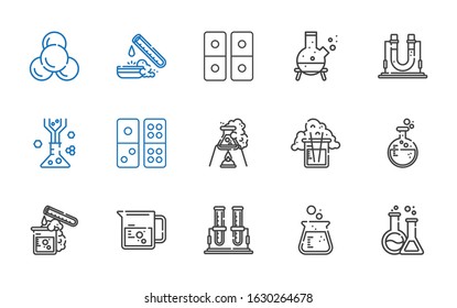 reaction icons set. Collection of reaction with flask, test tube, beaker, domino, molecule. Editable and scalable reaction icons.