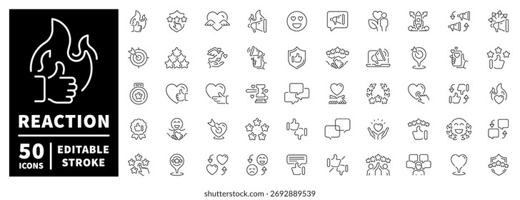 Conjunto de iconos de reacción. iconos de línea editables, esquema, emoción y símbolos de interacción