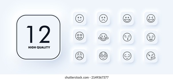Reaction icons set. Smilies. Reaction to a message. Joy, sadness, sadness and love. Neomorphism style.