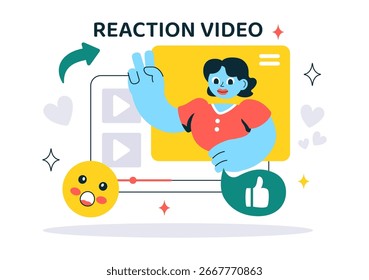 Reaction Video Vetor Illustration com um smartphone com um vídeo viral e pessoas dando gostos e reações em mídias sociais em um fundo