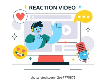 Reaction Video Vector Illustration featuring a Smartphone with a Viral Video and People Giving Likes and Reactions on Social Media in a Background
