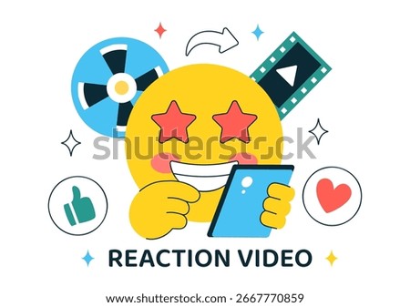 Reaction Video Vector Illustration featuring a Smartphone with a Viral Video and People Giving Likes and Reactions on Social Media in a Background