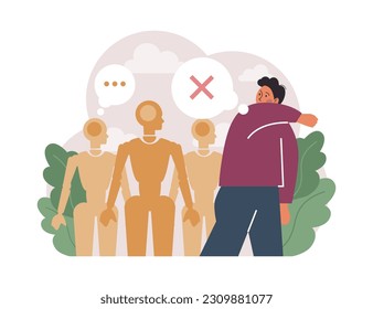 Reactionary or retrograde. Conservatism, traditional views and denying of progress, innovation and development. Character is afraid of robotic technology development. Flat vector illustration