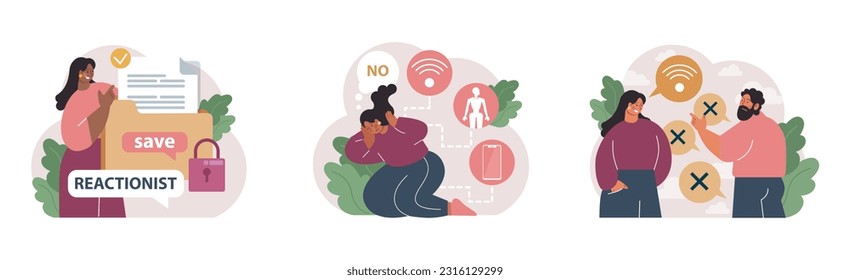 Reactionary or retrograde set. Neoconservatism movement. Traditional views and denying of progress, innovation and development. Status quo character is afraid of the changes. Flat vector illustration