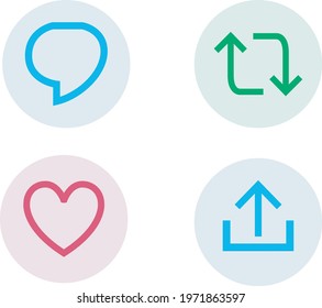 Reactions in color of social network to write and to make post or advertisements. Icons for social networks of comment, share, repost, download and like.