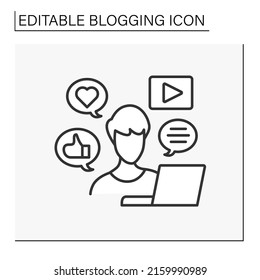 Reactions line icon. Positive reactions on blog. Likes, comments. Blogger near laptop. Communication with subscribers.Blogging concept. Isolated vector illustration. Editable stroke