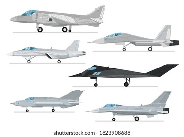 Reactive jet collection. Vector fighter aircraft and bomber, supersonic combat airplane and jet plane object isolated set. Military aviation different type illustration. Army air force collection