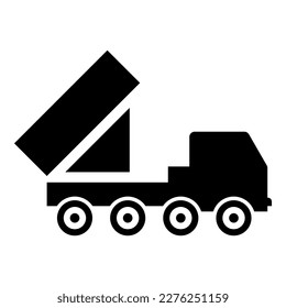 Reaktives System Volley-Feuer-Salvo-Artillerie Amerikanischer mehrmaliger Start auf Radfahrgestell Hochbewegliche Armee-LKW-Symbol schwarze Vektorgrafik Bild flach einfache Art