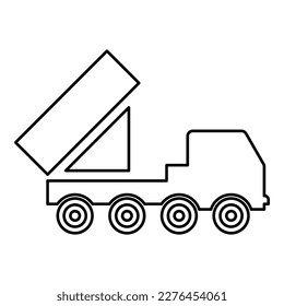 Reaktives System Volley-Feuer-Salvo-Artillerie Amerikanischer mehrmaliger Start auf Radfahrgestell Hochbewegliche Armee-LKW-Luftverteidigung Anti-Luftfahrzeug-Kontur-Linie Symbol schwarze Farbe Vektorsymbol 
