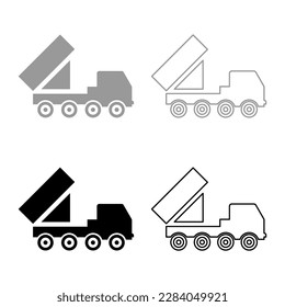 Reaktives System Volleyball-Salvo Artillerie Amerikanischer Mehrfachstart auf Radfahrgestell Hochbewegliche Armee-Militärlastwagen Luftverteidigung gegen Flugzeuge setzen Symbol grau schwarz Vektorgrafik Bild 