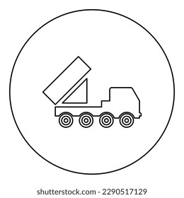Reactive system volley fire salvo artillery American multiple launch on wheeled chassis high mobility army military truck air defense anti aircraft icon in circle round black color vector 