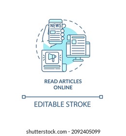 Read Articles Online Turquoise Concept Icon. Morning News And Information Abstract Idea Thin Line Illustration. Isolated Outline Drawing. Editable Stroke. Roboto-Medium, Myriad Pro-Bold Fonts Used