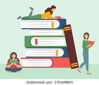Read book banner with small people characters. Flat vector illustration