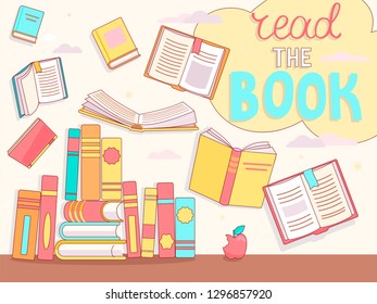 Read the book concept, close and open books in different positions with bubble. Knowledge,learning,education, relax and enjoy concept design for librares, bookstores.Vector illustration in flat style.
