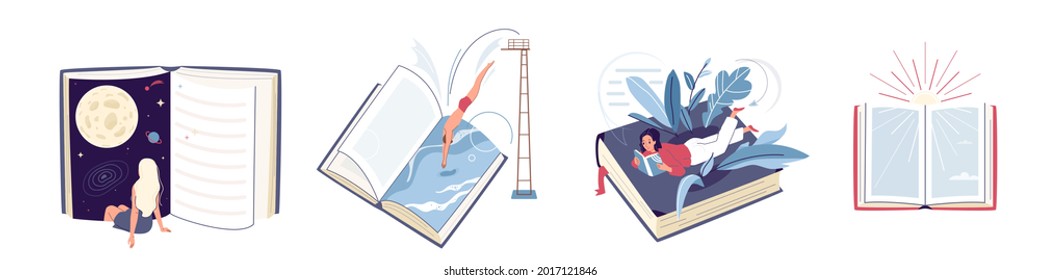 Leer la ilustración vectorial del conjunto de diseño de concepto de libro. Colección de hombres y mujeres leyendo literatura, sumergiéndose en el mundo espacial, el mar. Aislado sobre fondo blanco en un sencillo estilo minimalista plano.