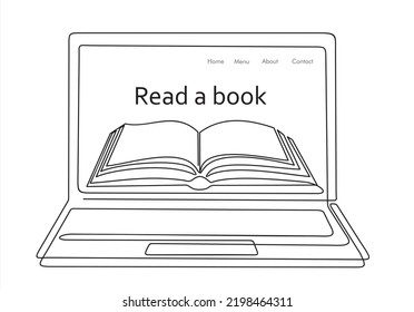 Read a book. Continuous line drawing or one line drawing of a book on a computer. Vector illustration of modern education and technology.