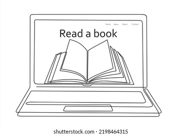Read a book. Continuous line drawing or one line drawing of a book on a computer. Vector illustration of modern education and technology.