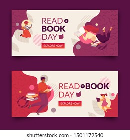 Read A Book Day Banner Set. Modern Flat And Simple Design Illustration With Faceless Smiling Family Reading Books. Book Fair, Reading Club, World Book Day Concept