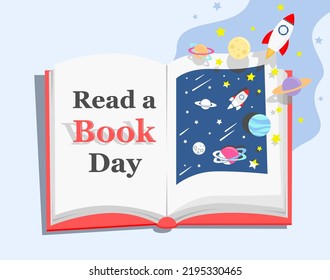 Read a Book Day Design with Open Book Illustration. Rocket, planets, moon, stars, space element coming out of the book. 