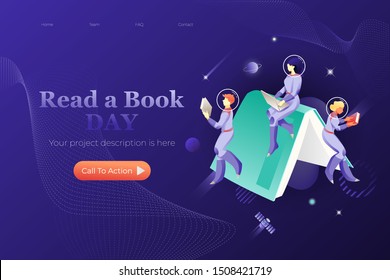 Read a Book Day web page design template of book related event. Vector metaphor of modern education. The cosmic concept for websites and app design