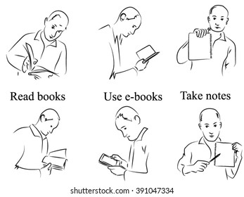 Read the book, read e-books, take notes, drawings on the reading and storing information topic