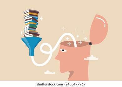 Read book fast to learning new lesson, education or studying, inspiration or easy learning, literature or intelligence information, schooling concept, book stack in funnel easy to flow in human head.