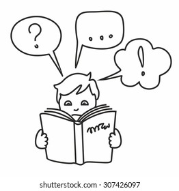 Read a book, get information, questions, answers, thoughts, outline drawing. Boy, man, child, reading a book and have some questions and thoughts. Obtain and study information. Contour drawing.  