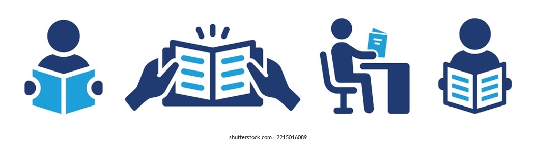 Read book icon set. Person reading book vector illustration.