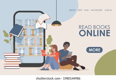 Read book online vector flat landing page template. Young happy man and woman reading electronic books, sitting near big display with book shelves. Online education, library for reading concept.