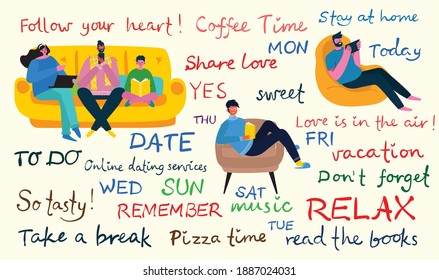 Lies das Buch. Reihe verschiedener Illustrationen, die mit Büchern verbunden sind, und Menschen, die ein Buch lesen, während sie auf einem Stapel von Büchern im Flachstil sitzen