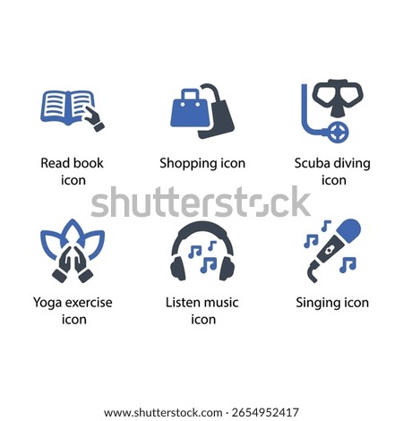 Read book, Shopping, Scuba diving, Yoga exercise, listen music, Singing, icon