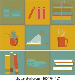Read a book, stack of books, cup of hot coffee, boxes for stationery, flower on table, cat. Set of cute illustrations in flat style, warmth, comfort. Vector pattern.