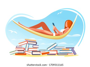 Read book summer beach concept. Holiday, vacation education, studying vector illustration. Girl reads lying in a hammock over piles of books. Modern card for web design isolated on white background.