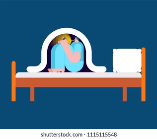 Read book under blanket with flashlight. Night reading. Vector illustration.