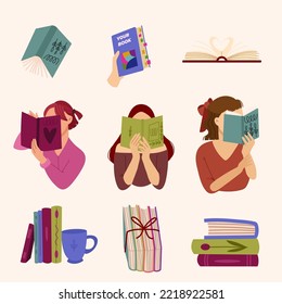 Read the book vector concept. Set of illustrations with opened textbook, reading women and stack of books.