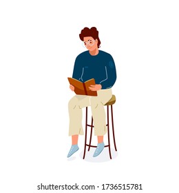 Read book vector illustration. Boy reading books in comfortable pose sitting on the chair. Student male study knowledge. Cute readers, style flat literature with person.