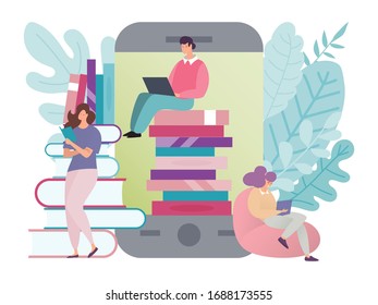 Read book vector illustration. Flat tiny cartoon woman man student character study in library, people reading textbook, ebook, literature on laptop. Digital education concept icon isolated on white